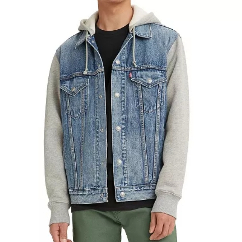 Levi's Blue Denim Trucker Jacket with Gray Hoodie Sleeves